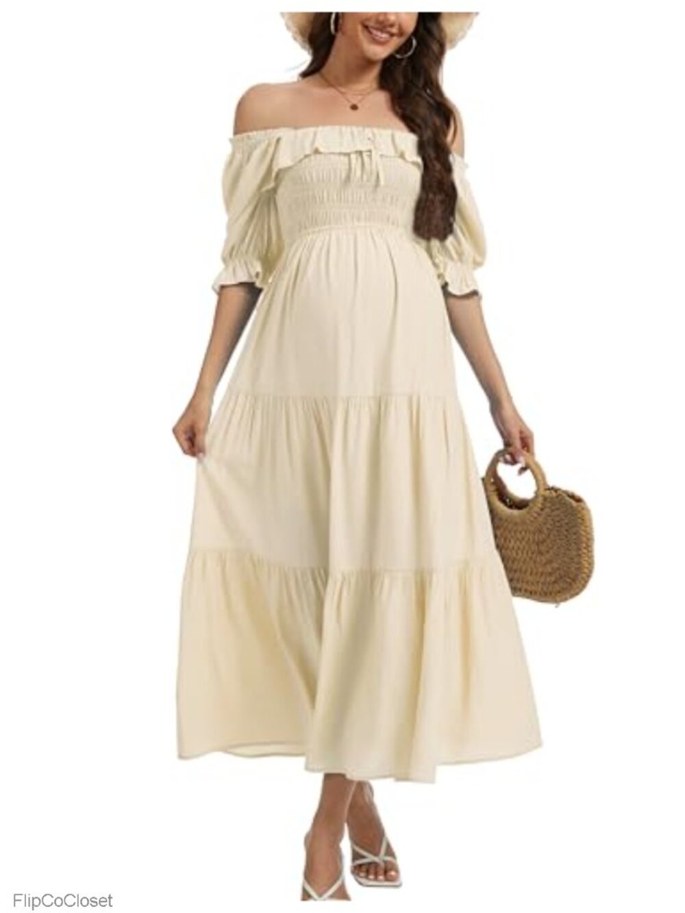 Half Sleeve Maternity Maxi Dress Off-Shoulder Ruffled Flowy Baby Shower